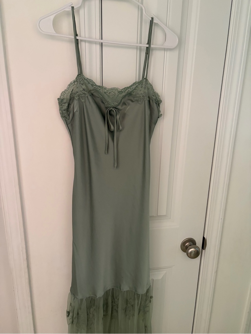 Olive Green Lace-Trim Satin Slip with Tie Front